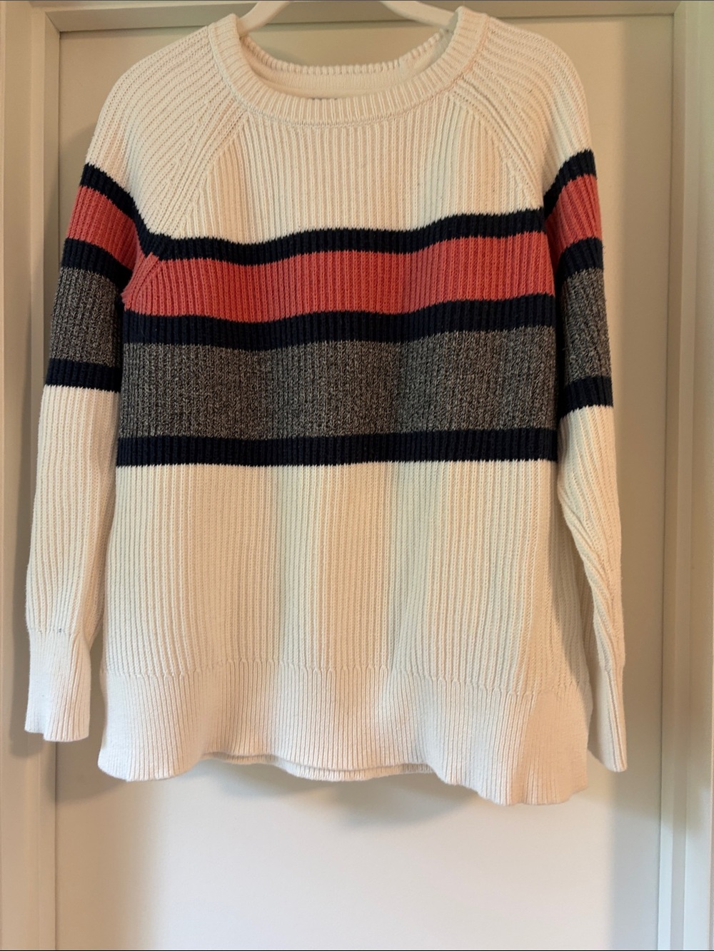 L.L. Bean Cream Crewneck Sweater with Navy, Coral and Gray Stripes
